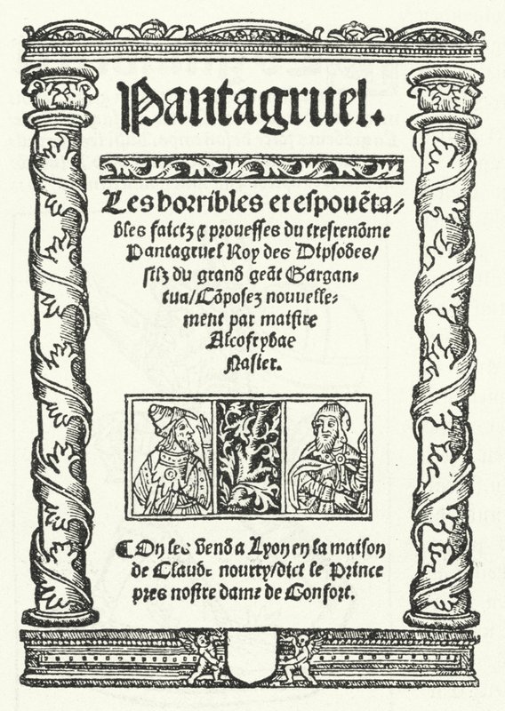 Pagina del titolo della più antica edizione conosciuta di Pantagruel, un romanzo di François Rabelais (incisione) da German School