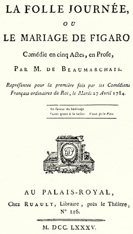 Pagina del titolo della commedia Le nozze di Figaro, di Pierre Beaumarchais, rappresentata per la prima volta nel 1784 (incisione) da German School