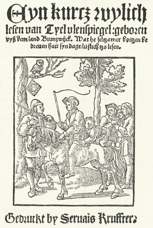 La pagina del titolo della più antica edizione nota in basso tedesco di Till Eulenspiegel, stampata da Servais Kruffter (incisione) da German School