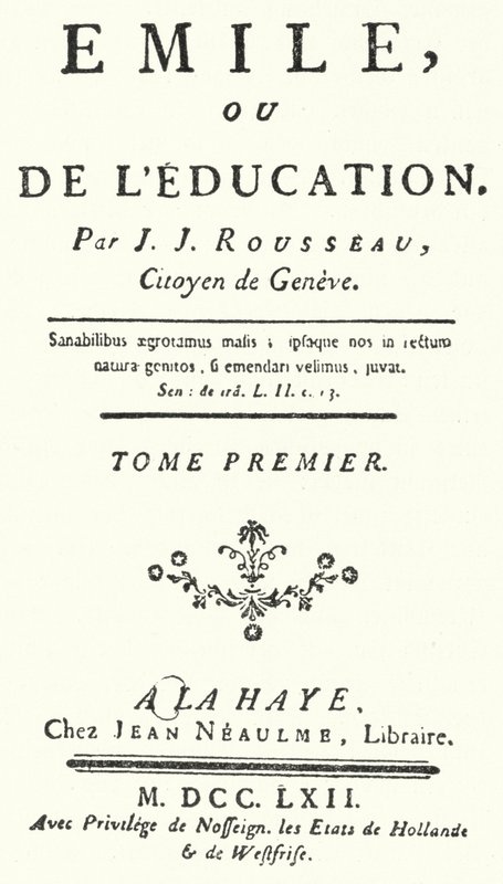 Pagina del titolo della prima edizione di Emile di Jean-Jacques Rousseau, pubblicata nel 1762 (incisione) da German School