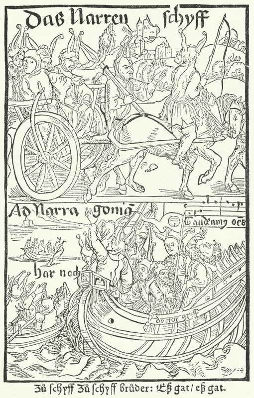 Pagina del titolo della prima edizione della Nave dei Folli di Sebastian Brant, stampata da Johann Bergmann von Olpe a Basilea nel 1491 (incisione) da German School