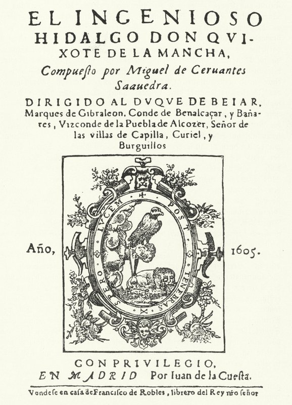 Pagina del titolo della prima edizione del romanzo Don Chisciotte, di Miguel de Cervantes (incisione) da German School