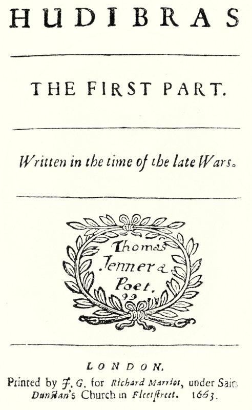 Pagina del titolo del poema satirico Hudibras del poeta inglese Samuel Butler, pubblicato nel 1663 (incisione) da German School