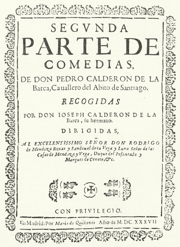 Pagina del titolo del secondo dei quattro volumi delle Comedias di Calderón, pubblicato nel 1637 (incisione) da German School
