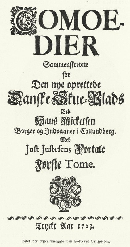 Pagina del titolo delle Commedie di Ludvig Holberg, drammaturgo, filosofo e storico danese-norvegese da German School