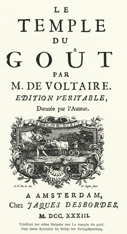 Pagina del titolo della prima edizione di Le Temple du Gout di Voltaire, scrittore e filosofo francese da German School