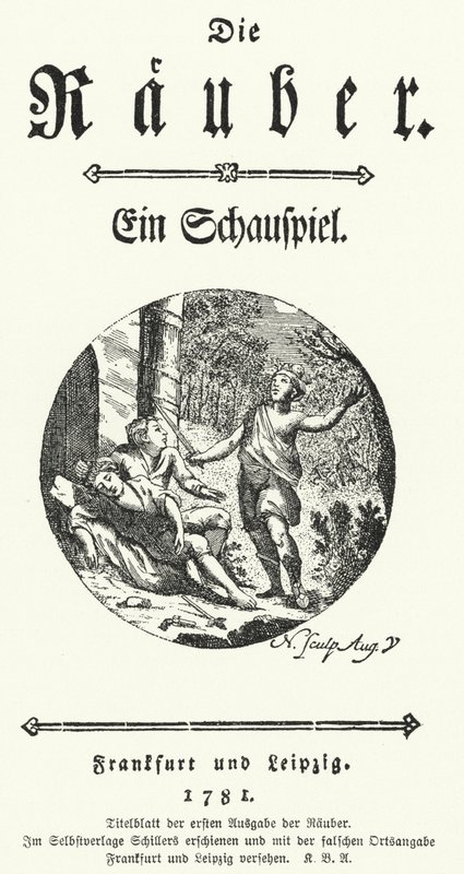 Pagina del titolo della prima edizione del dramma di Friedrich Schiller Die Rauber (I ladri) da German School