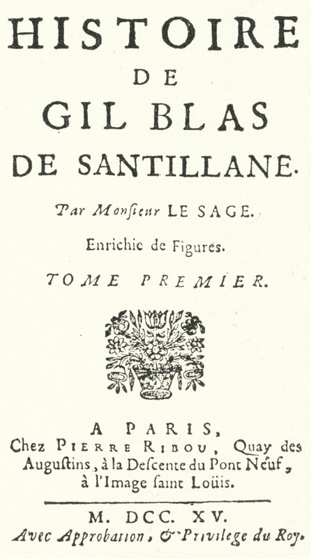 Pagina del titolo della prima edizione di Gil Blas del romanziere e drammaturgo francese Alain-Rene Lesage, pubblicata nel 1715 (incisione) da German School
