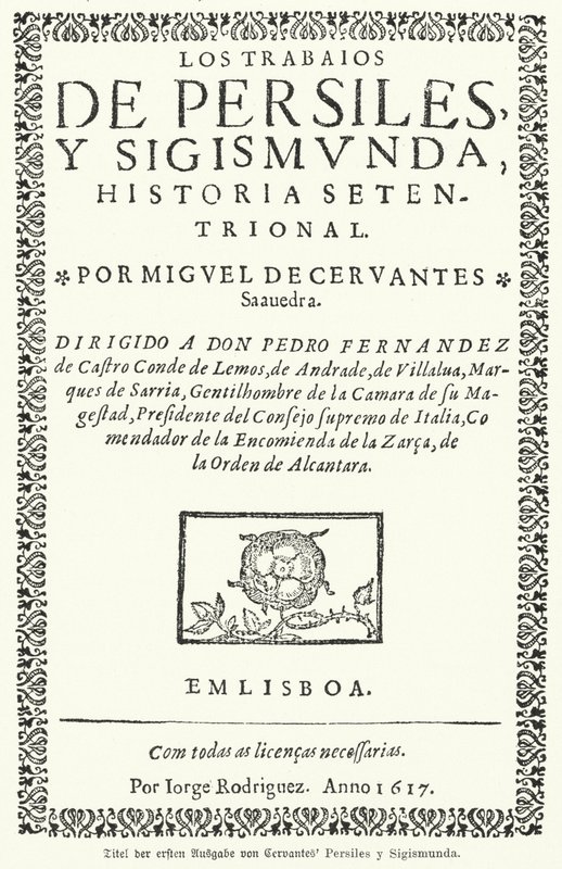 Pagina del titolo della prima edizione di Los trabajos de Persiles y Sigismunda di Miguel de Cervantes da German School