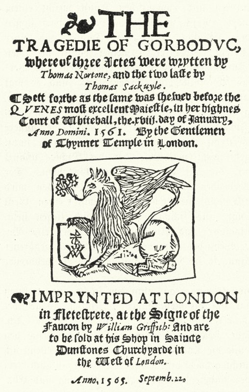 Pagina del titolo della prima edizione di The Tragedie of Gorboduc (1565), di Thomas Norton e Thomas Sackville (incisione) da German School
