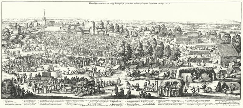 Viaggiatori che visitano le sorgenti curative nel villaggio di Hornhausen, 1646 da German School
