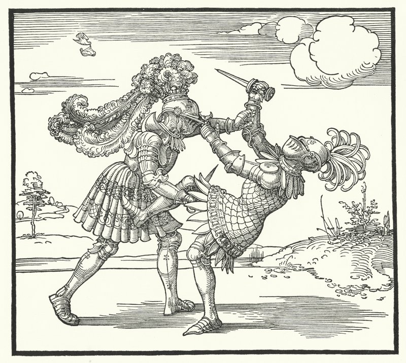 Due cavalieri che combattono a piedi da German School