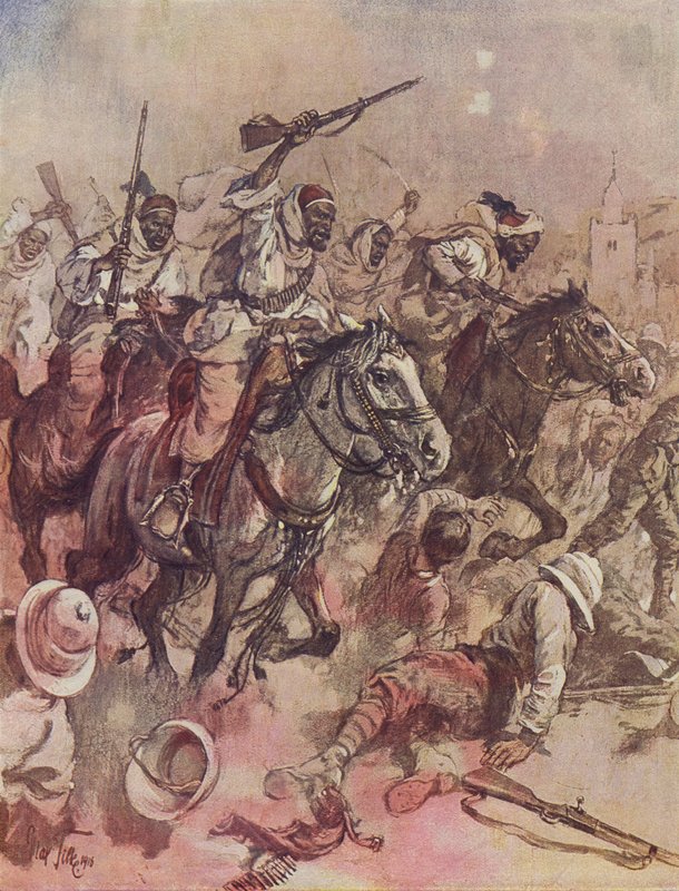 Guerrieri dello sceicco di Senussi che scacciano gli inglesi da Matruh, a est di Sollum, Egitto da German School