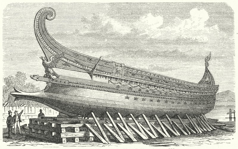 Nave da guerra progettata da Napoleone III di Francia basata su una trireme romana antica (incisione) da German School