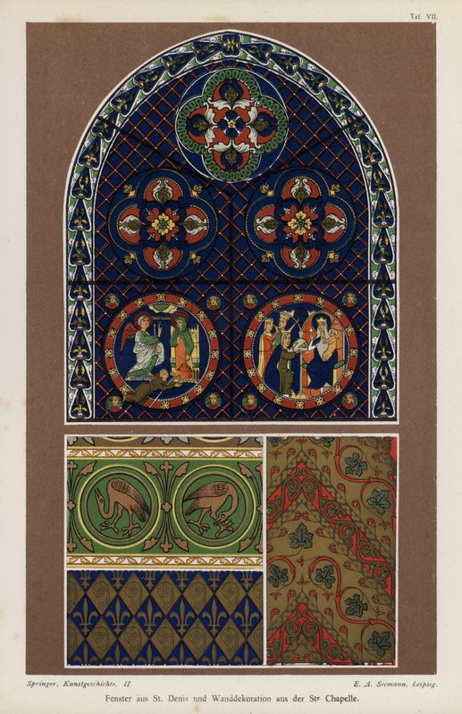 Finestra dalla Basilica di Saint Denis e decorazione murale dalla Sainte-Chapelle, Parigi, Francia da German School