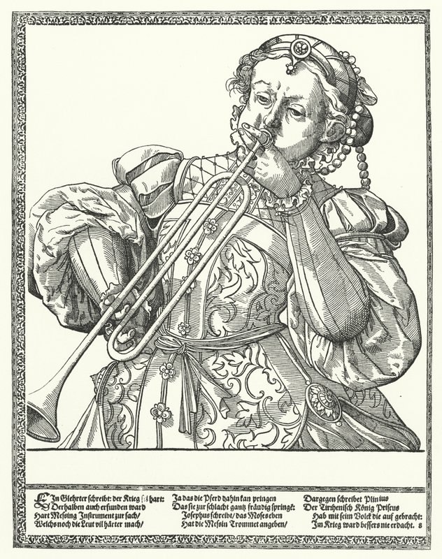 Donna che suona un trombone o trombone antico da German School