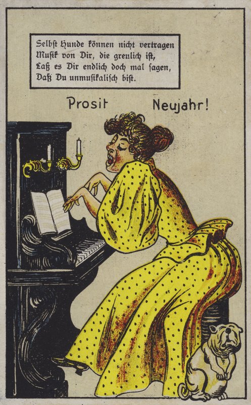 Donna che suona il pianoforte in modo molto espressivo, per il disagio di un cane (litografia a colori) da German School