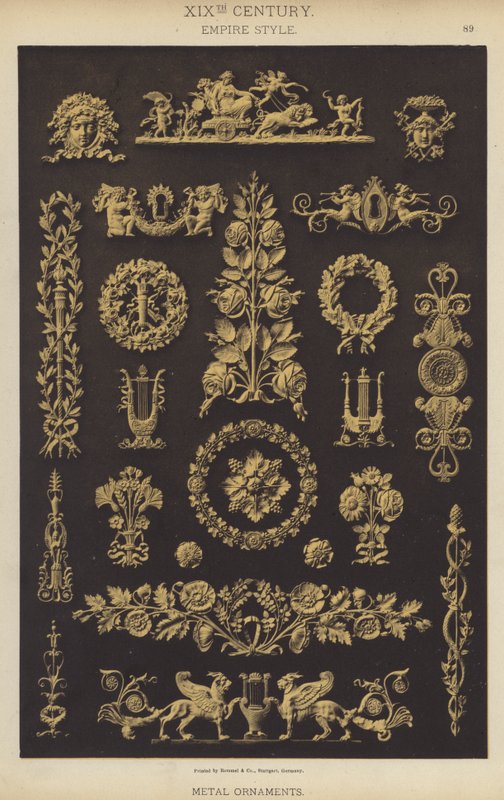 XIX secolo, stile Impero, ornamenti in metallo (litografia a colori) da German School