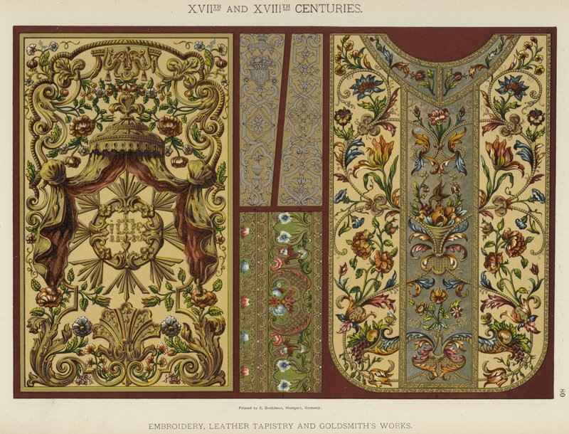 XVII e XVIII secolo, ricamo, arazzi in pelle e opere di oreficeria (litografia a colori) da German School