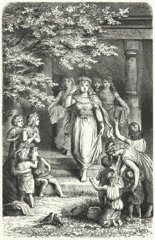 Giovani donne germaniche che indossano corone per celebrare la festa di Eostre (Ostara) da German School