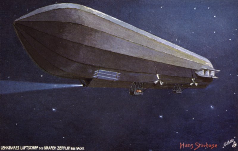 Dirigibile Zeppelin che vola di notte da German School