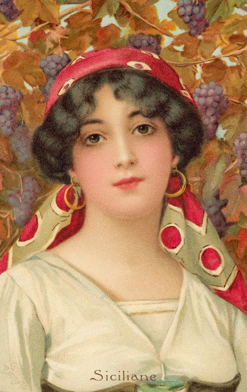 Ritratto di una donna siciliana con una vite (litografia a colori) da Giovanni Barbaro