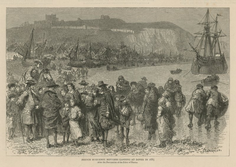 Gli ugonotti in Inghilterra: I rifugiati ugonotti francesi sbarcano a Dover nel 1685 (incisione) da Godefroy Durand