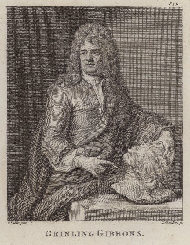 Grinling Gibbons, intagliatore e scultore inglese (incisione) da Godfrey (after) Kneller