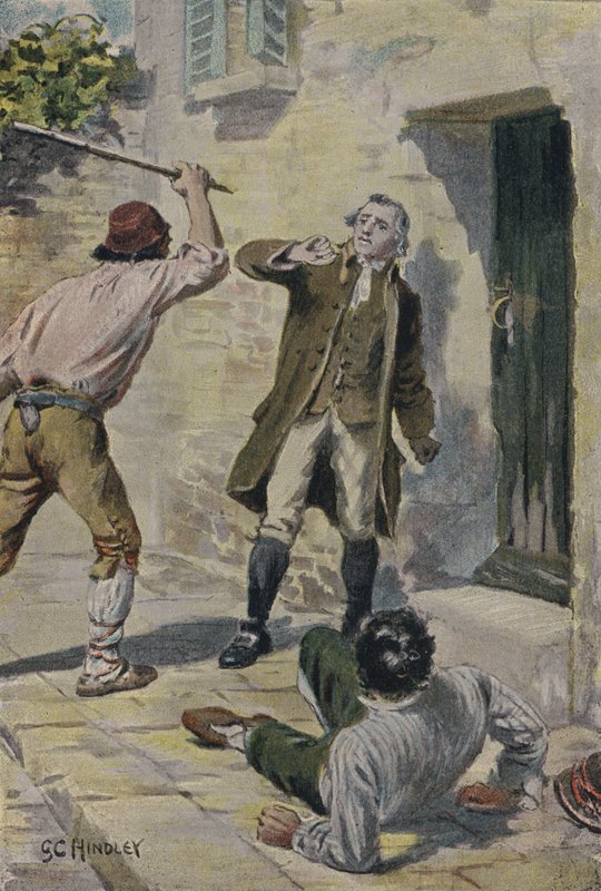 John Lombe attaccato dagli italiani durante una visita in Italia per investigare le macchine da filatura da Godfrey C. Hindley