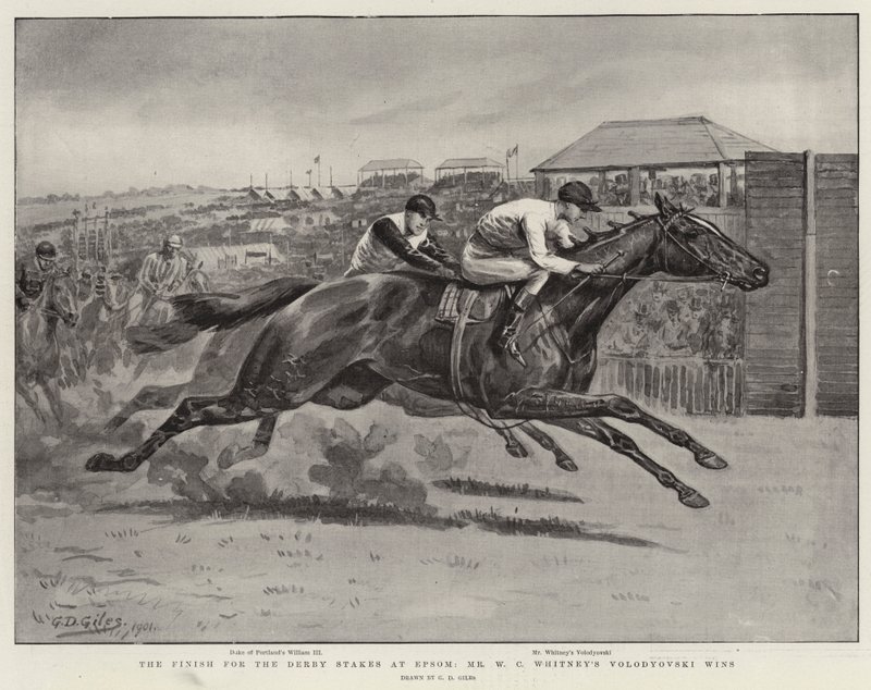 Il traguardo per il Derby Stakes a Epsom, vince Volodyovski di Mr W C Whitney da Godfrey Douglas Giles