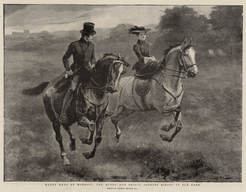 Giorni felici a Windsor, la Regina e il Principe Consorte che cavalcano nel parco da Gordon Frederick Browne