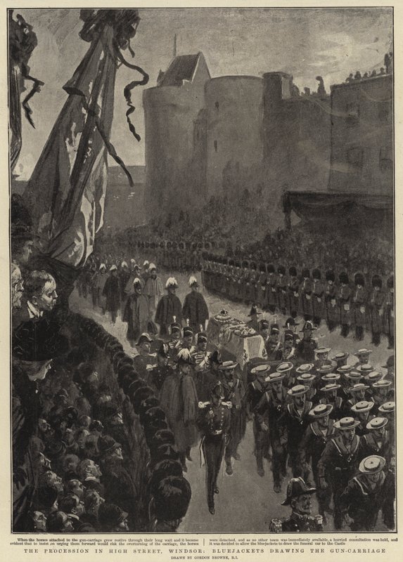 La processione in High Street, Windsor, Bluejackets che trainano il carro armato da Gordon Frederick Browne