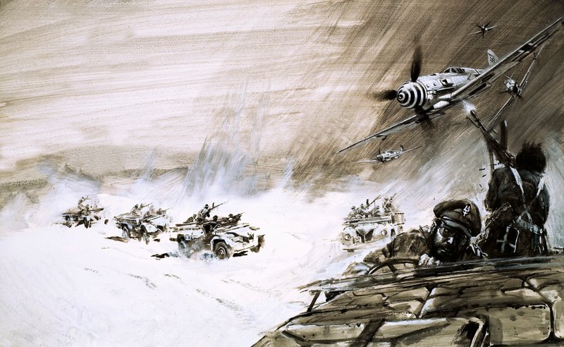 Un convoglio di cinque camion pesanti che attraversa il Mare di Sabbia egiziano viene attaccato da un aereo nemico (gouache su carta) da Graham Coton