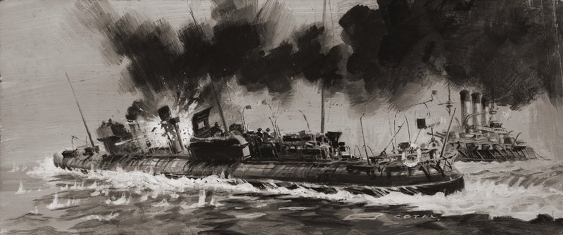 Impegno navale della Prima Guerra Mondiale non identificato (gouache su carta) da Graham Coton