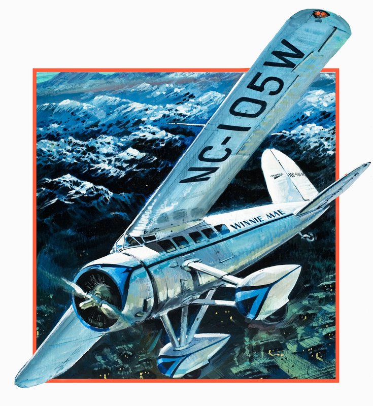 Wiley Hardemann Post che fa il giro del mondo in solitaria con Winnie May (gouache su carta) da Graham Coton
