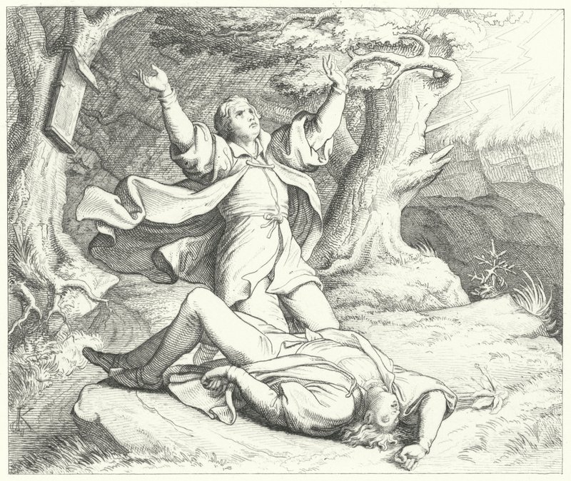 Alexis, amico di Martin Lutero, dopo essere stato colpito da un fulmine durante i loro viaggi, 1505 da Gustav Ferdinand Leopold Konig