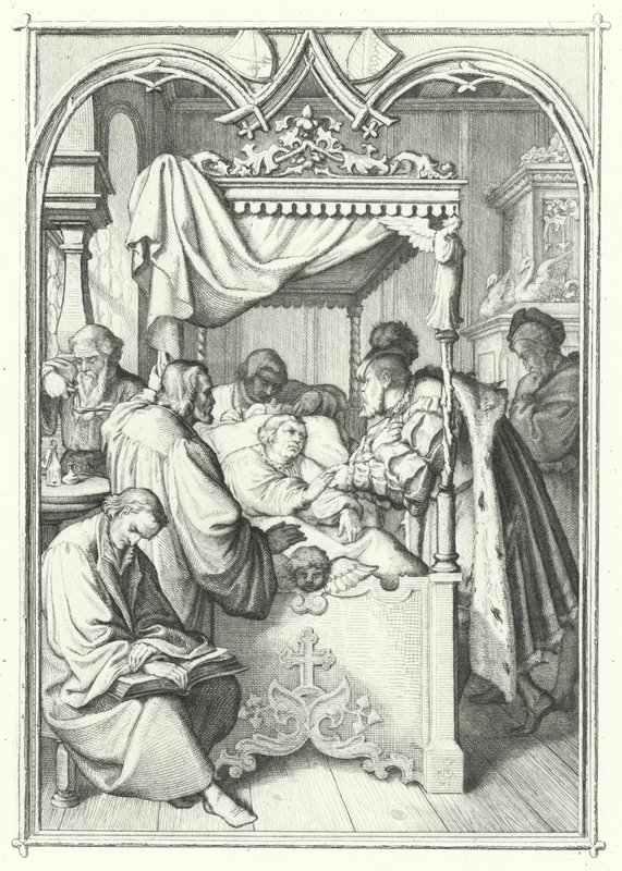 Giovanni, Elettore di Sassonia, visita Martin Lutero in ospedale (incisione) da Gustav Ferdinand Leopold Konig