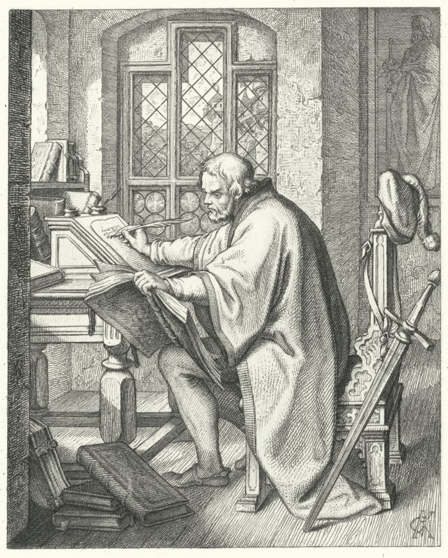 Martin Lutero inizia la traduzione della Bibbia al castello di Wartburg (incisione) da Gustav Ferdinand Leopold Konig