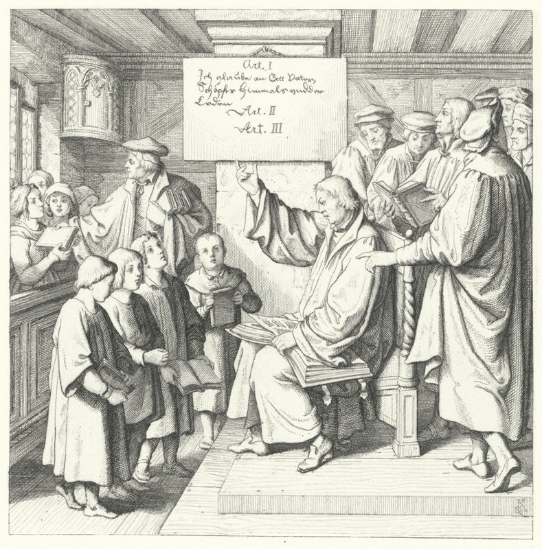 Martin Lutero introduce il Catechismo agli scolari (incisione) da Gustav Ferdinand Leopold Konig