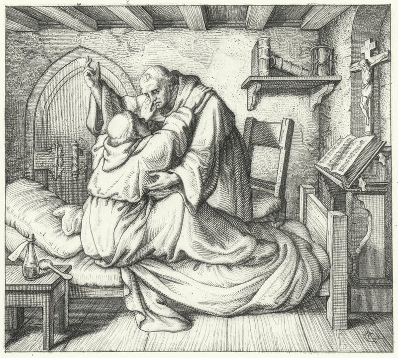 Martin Lutero è consolato da un monaco durante il suo tormento spirituale nel monastero da Gustav Ferdinand Leopold Konig