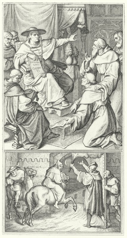 Martin Lutero lascia il legato papale a Wittenberg, Thomas Cajetan (in alto). Martin Lutero lascia la città di Augusta (in basso) (incisione) da Gustav Ferdinand Leopold Konig