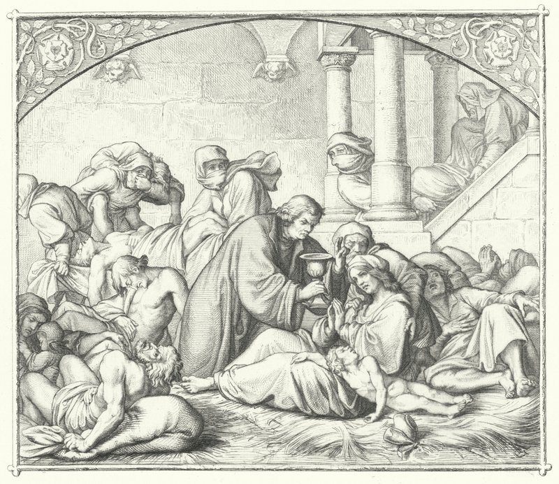 Martin Lutero offre conforto ai malati di peste (incisione) da Gustav Ferdinand Leopold Konig