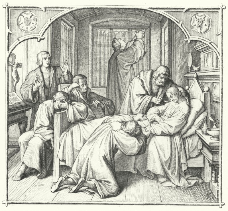 Martin Lutero prega al capezzale di Filippo Melantone (incisione) da Gustav Ferdinand Leopold Konig