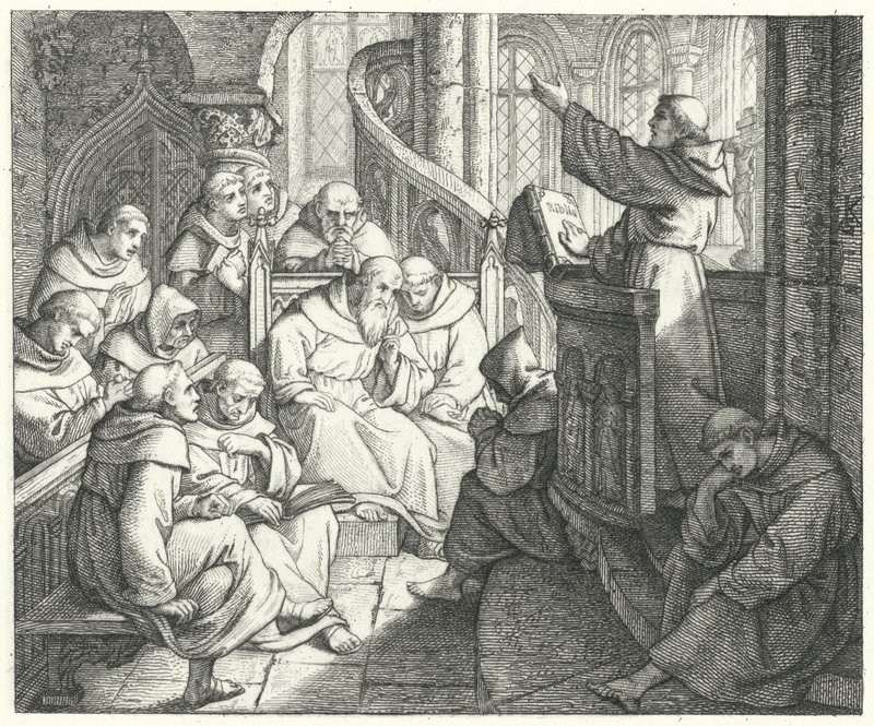 Martin Lutero predica a Johann von Staupitz e agli altri monaci nel monastero (incisione) da Gustav Ferdinand Leopold Konig