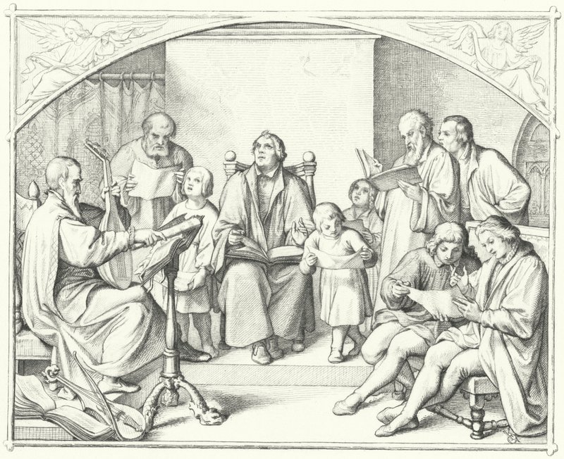 Martin Lutero canta con un coro della chiesa (incisione) da Gustav Ferdinand Leopold Konig
