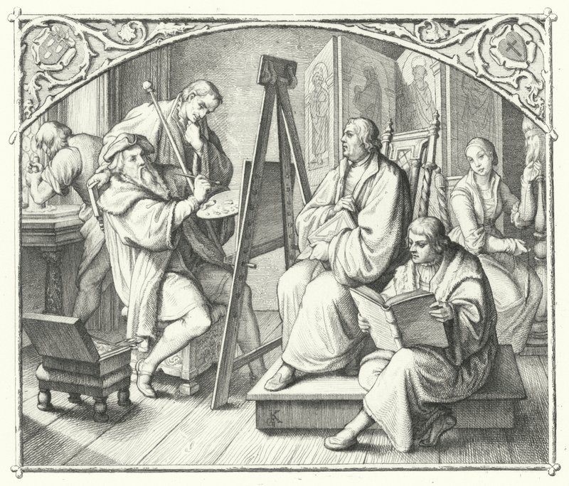 Martin Lutero posa per un dipinto di Lucas Cranach il Vecchio (incisione) da Gustav Ferdinand Leopold Konig