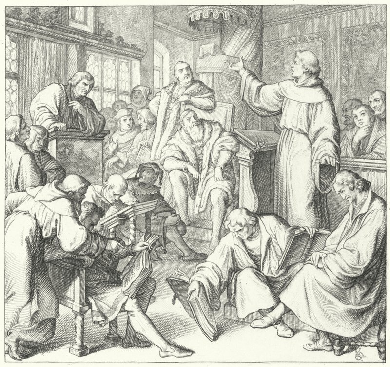 Il dibattito di Lipsia, Andreas Karlstadt, Johann Eck e Martin Lutero, 1519 da Gustav Ferdinand Leopold Konig