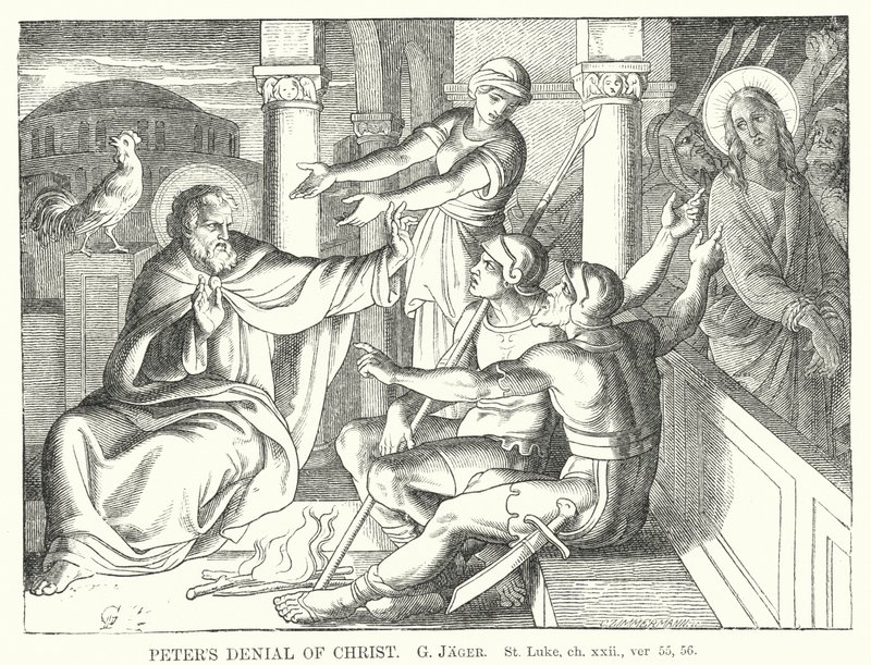 Il rinnegamento di Pietro, San Luca, cap xxii, versetti 55, 56 (incisione) da Gustav Jager