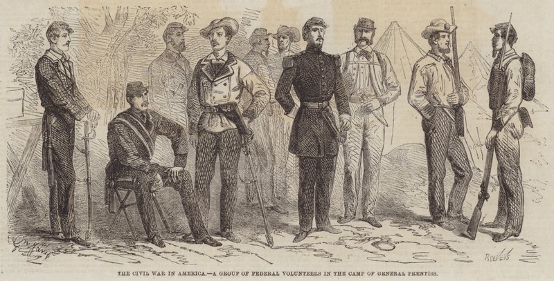 La guerra civile in America, un gruppo di volontari federali nel campo del generale Prentiss da Gustave Janet