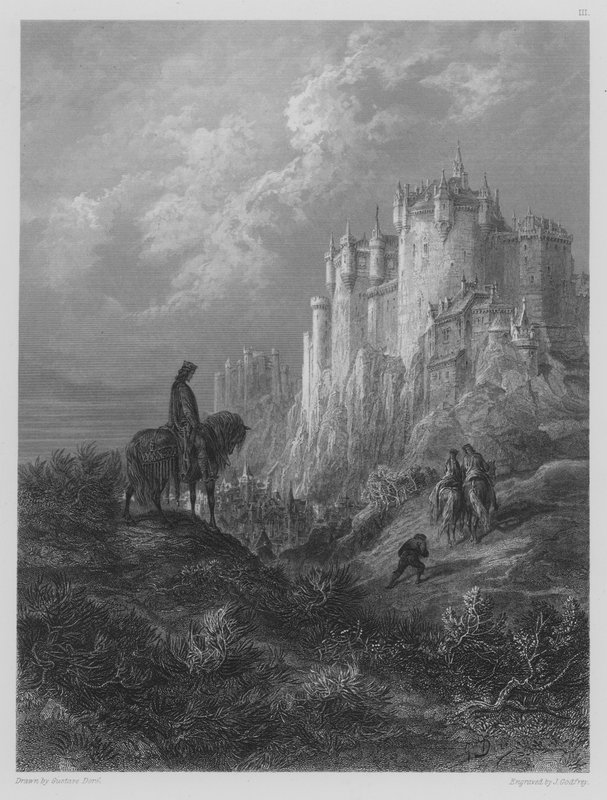 Edyrn con la sua dama e il nano in viaggio verso la corte di Artù da Gustave after Dore